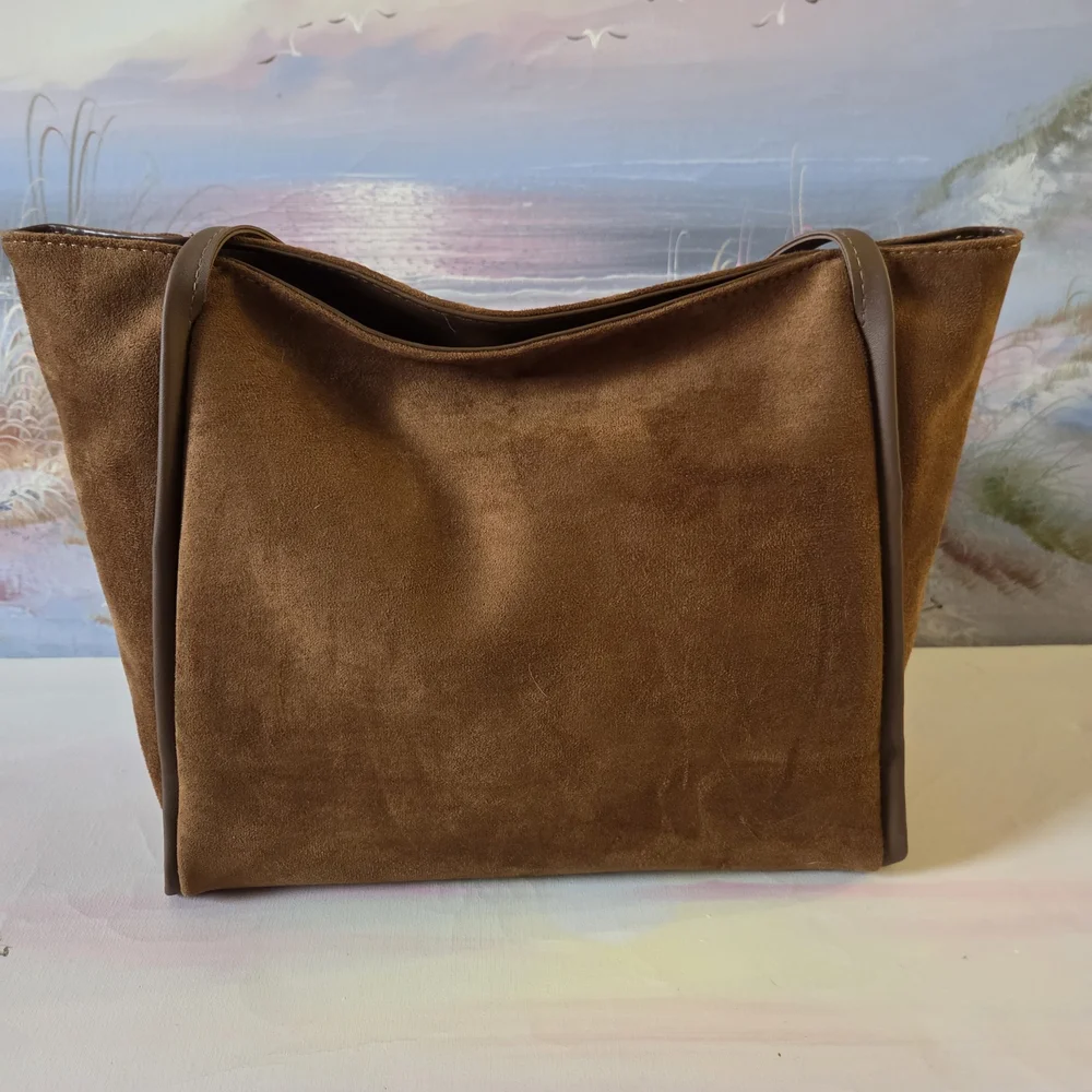 Brown Suede Tote Bag with Logo Accent - Picture 3 of 10